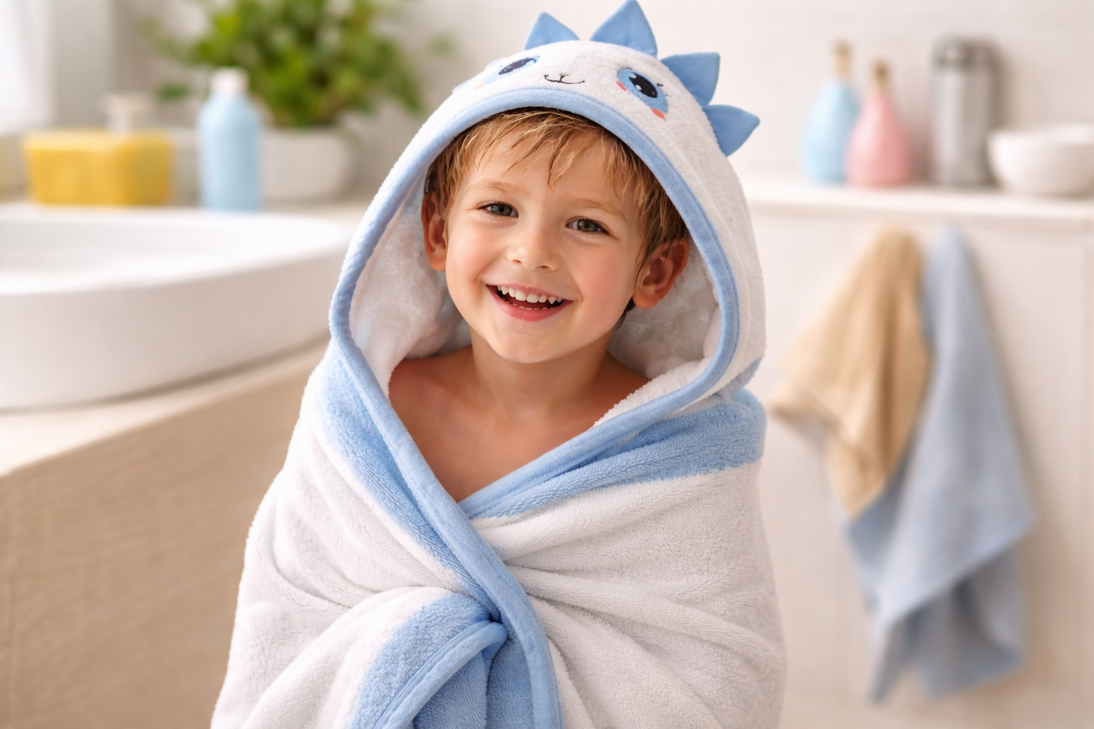 Chlapec v ručníku s dinosaurem